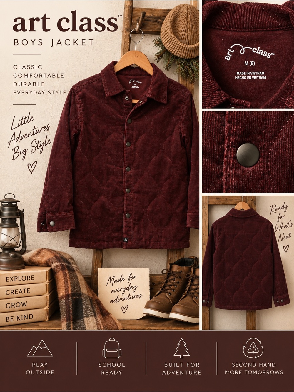 Art Class Boys Quilted Corduroy Jacket Burgundy Size 8 Snap Front